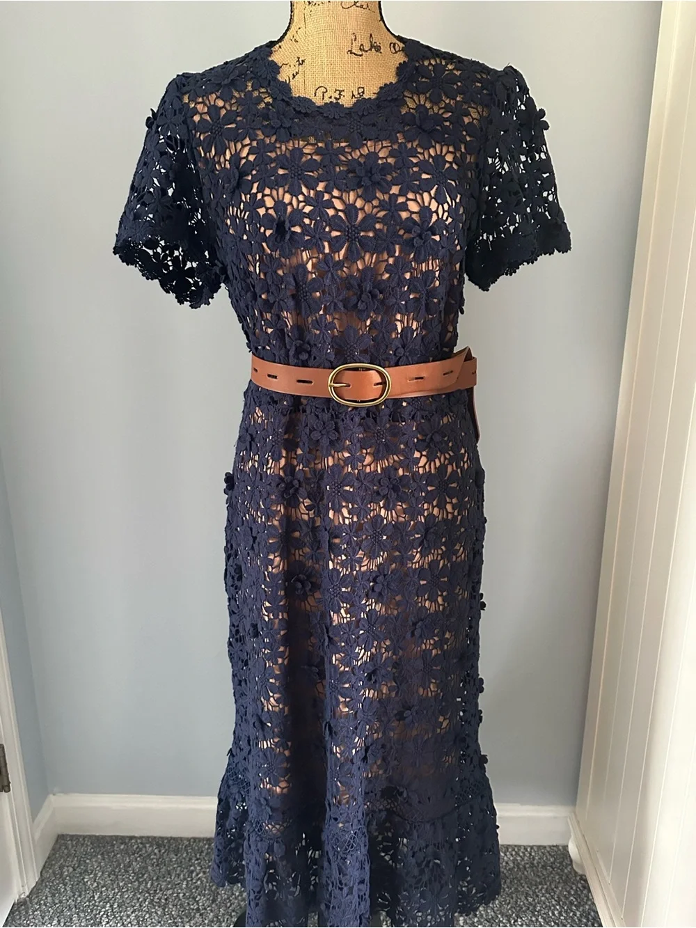 Michael Kors Navy Crochet Floral Midi Dress